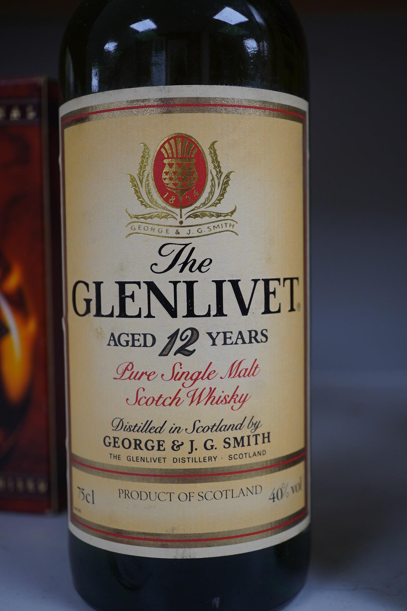 Six bottles of various whiskies to include two bottles of 12 year Glenlivet (one boxed). Condition - unknown